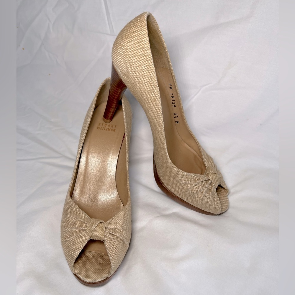 Stuart Weitzman tan linen knot open toe heel Sz 8.5